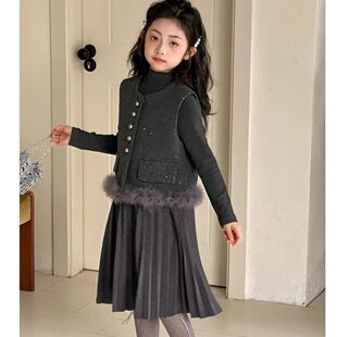女童新年套装2026冬季新款高级感礼服裙女大童儿童马甲裙子两件套