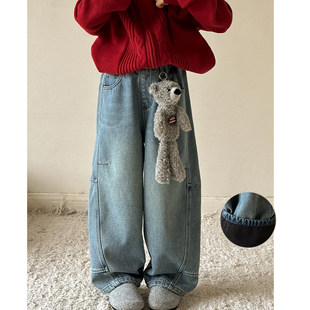 女童加绒牛仔裤冬装2026新款韩系女大童垂直感儿童加厚一体绒裤子