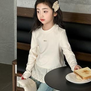 女童长袖T恤2026秋装新款女大童秋季拼接花边纯棉上衣儿童打底衫