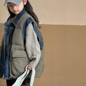 女童牛仔拼接羽绒马甲冬装2023新款韩版时髦中大童加厚保暖外套潮