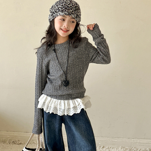 女童毛衣秋冬款2026新款儿童蕾丝拼接上衣女大童超好看韩系打底衫
