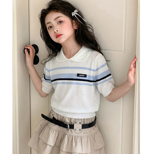 女童短袖T恤夏装2026新款女大童冰丝Polo衫初中生时髦洋气上衣服
