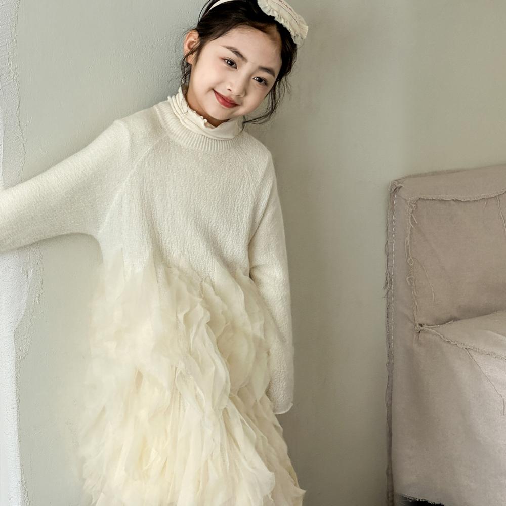 女童针织拼接裙子网纱公主连衣裙