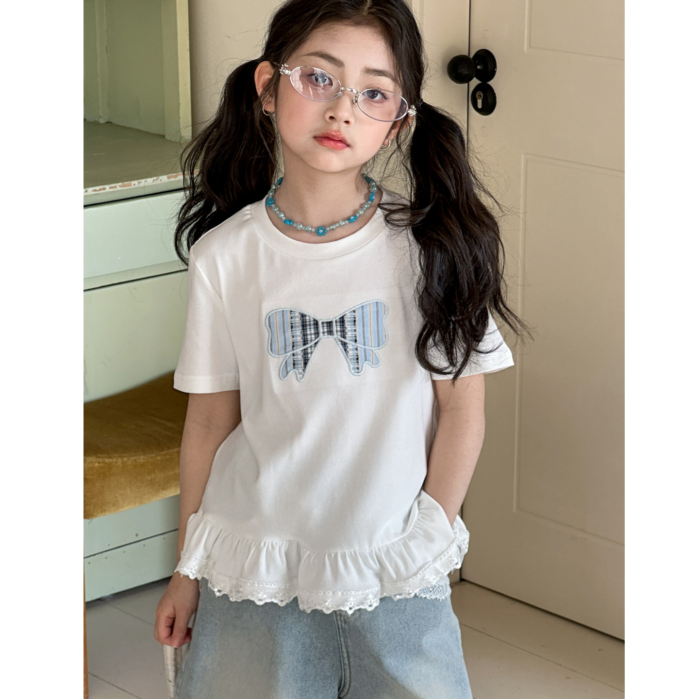 女童短袖T恤夏装2026新款女大童夏季蝴蝶结上衣12岁女孩半袖童装