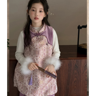 女童套装拜年服冬装2026新款儿童加绒旗袍新中式女大童裙子三件套