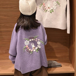 女童外套春装2026新款儿童针织开衫洋气卡通小兔子圆领女大童上衣