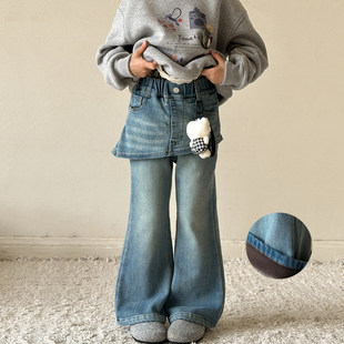 女童加绒牛仔裤2026冬季新款儿童加厚一体绒裤子女大童屁帘阔腿裤