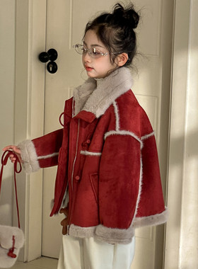 女童皮毛一体红色新年外套2026冬季新款女大童加绒加厚本命年衣服
