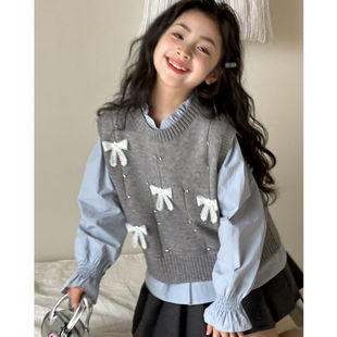 女童套装春装2026新款初中生蝴蝶结针织马甲16岁女大童长袖娃娃衫