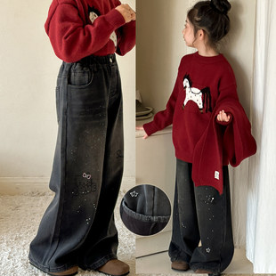 女童加绒牛仔裤冬装2026新款韩系女大童垂直感儿童加厚一体绒裤子