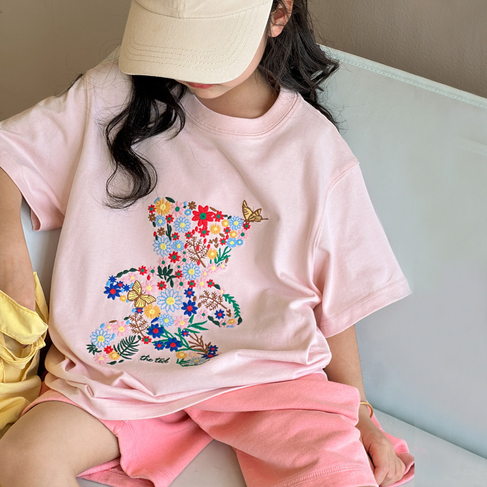 女童短袖t恤2026新款儿童夏装韩版宽松上衣潮女大童卡通刺绣体恤