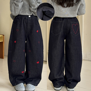 女童加绒裤子秋冬款韩版儿童休闲裤女大童潮酷设计感萝卜裤牛仔裤
