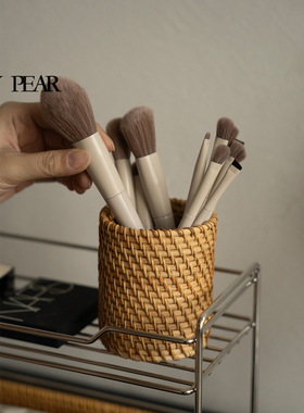 shy pear羞梨 笔筒 天然藤编化妆刷收纳盒梳妆台收纳筐桌面收纳筒