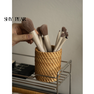 天然藤编化妆刷收纳盒梳妆台收纳筐桌面收纳筒 笔筒 shy pear羞梨