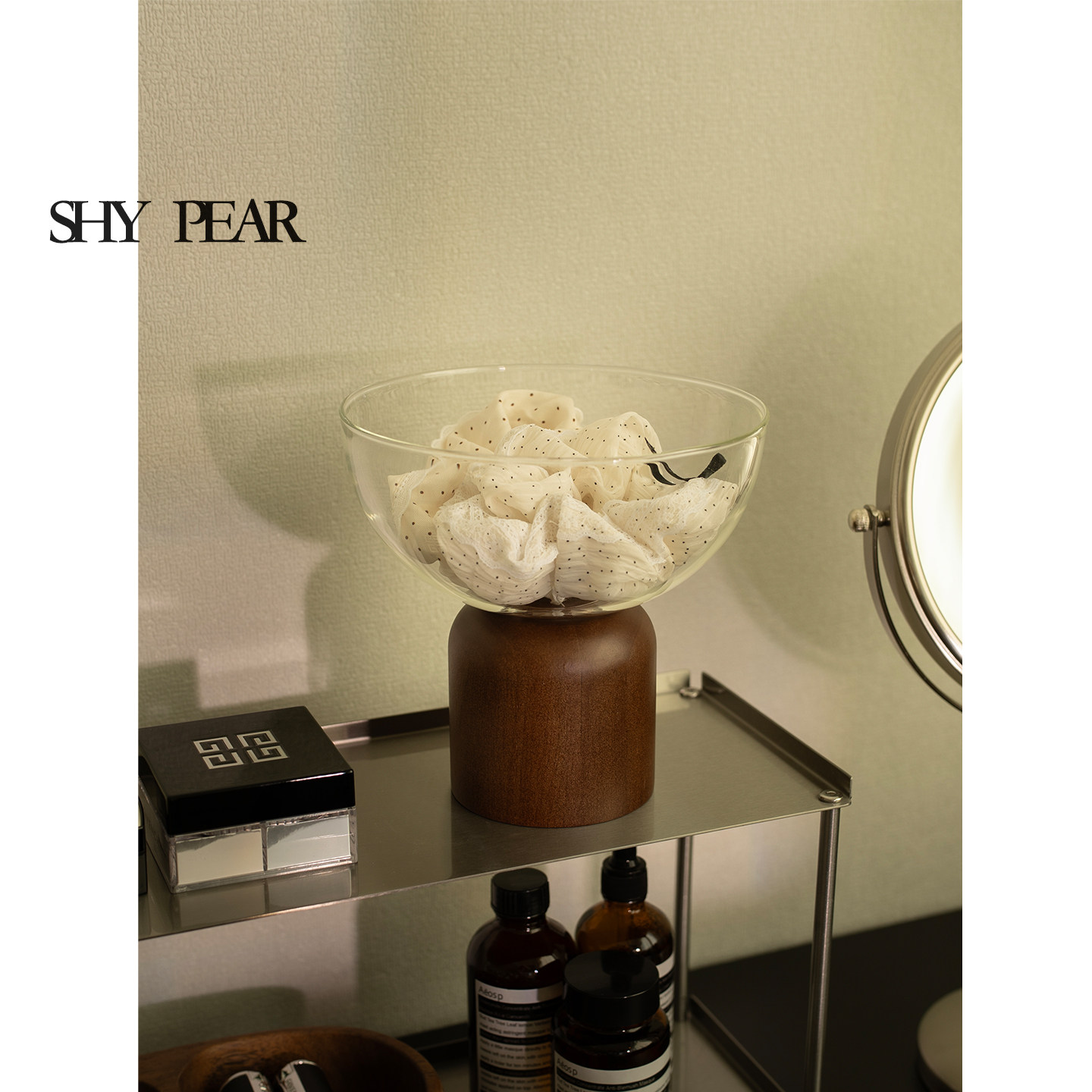 shy pear羞梨 收纳盘 透明玻璃高脚香薰托盘木质底座家居装饰摆件,家居饰品,香薰托盘,淘宝优惠券,粉丝福利购,淘宝优惠卷
