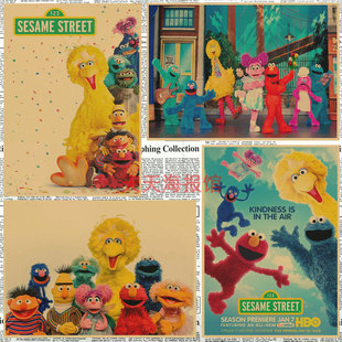 芝麻街Sesame 海报 儿童喜剧动漫复古牛皮纸装 饰墙画619 Street