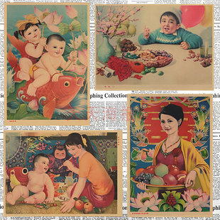怀旧年画送子图娃娃画吉祥如意海报饭店农家乐招贴画装饰墙画502