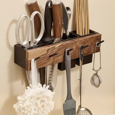 胡桃木质刀架壁挂厨房刀具收纳架筷子筒免打孔多功能置物架刀具架