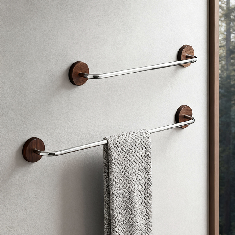 慕家胡桃木304不锈钢毛巾架单杆免打孔毛巾杆卫生间浴室置物挂杆