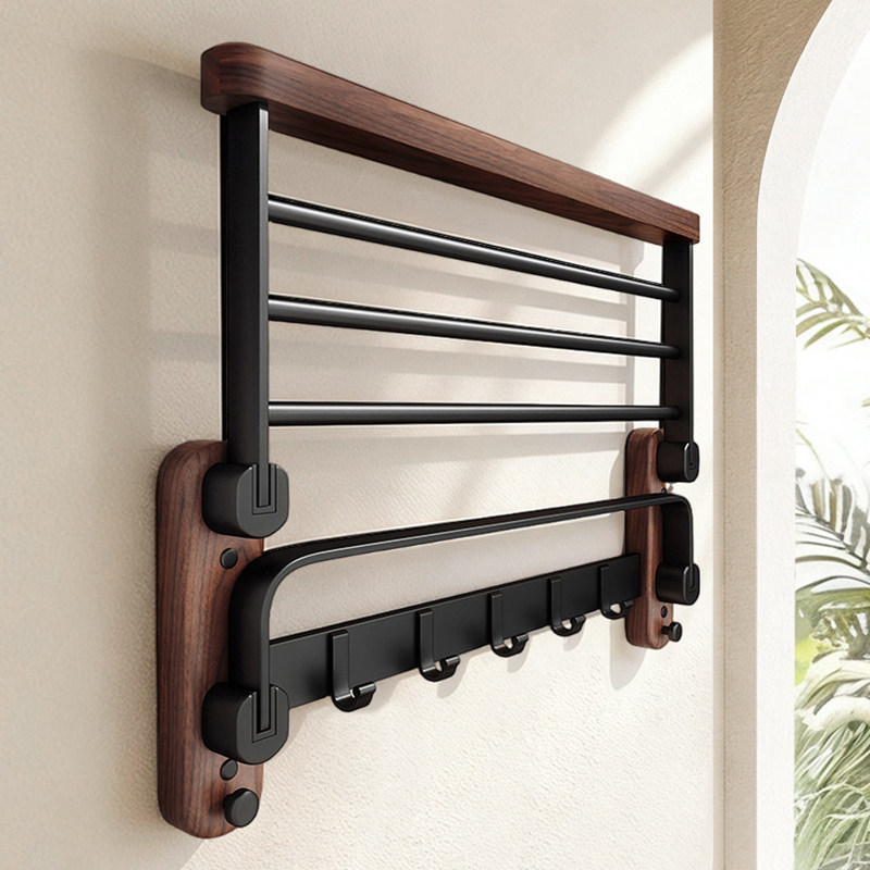 胡桃木毛巾架浴室置物架免打孔厕所高端卫生间洗手间实木浴巾架子