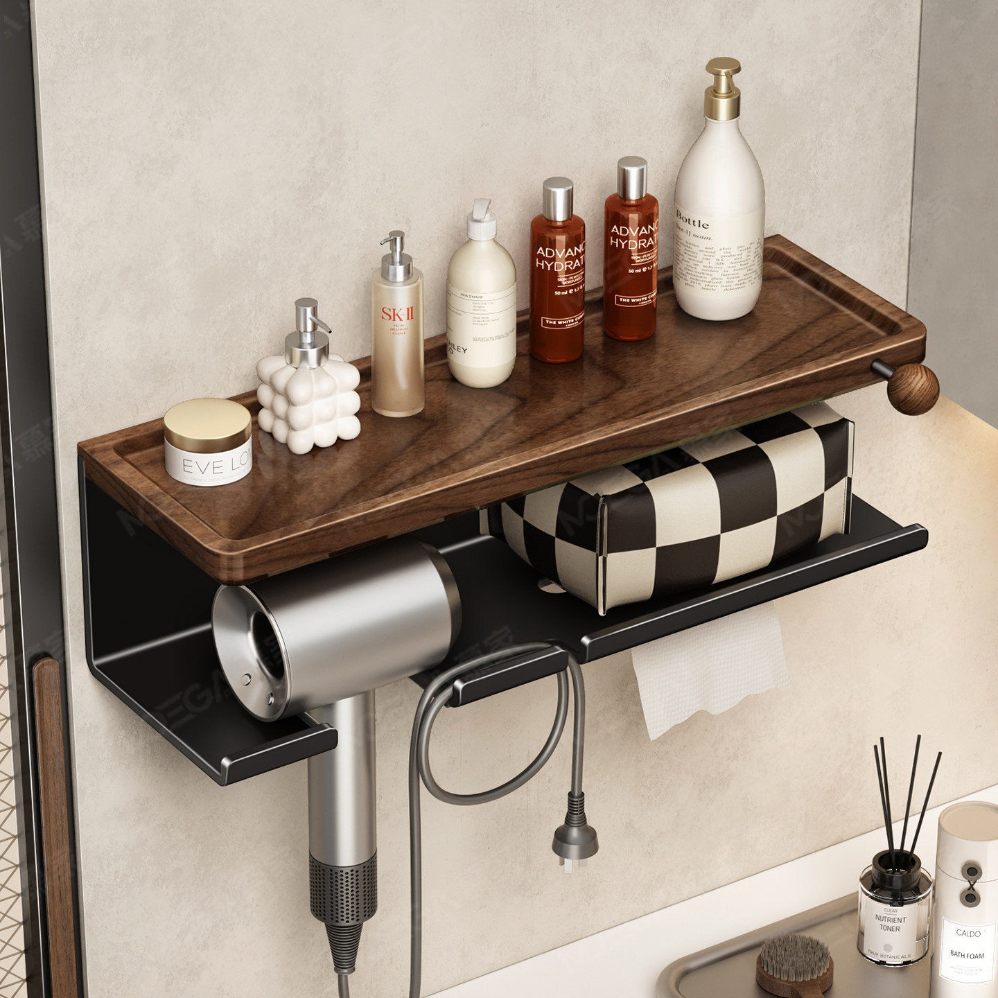 慕家胡桃木吹风机洗脸巾一体置物架卫生间浴室洗漱台免打孔手纸盒,家庭/个人清洁工具,吹风机置物架,淘宝优惠券,粉丝福利购,淘宝优惠卷
