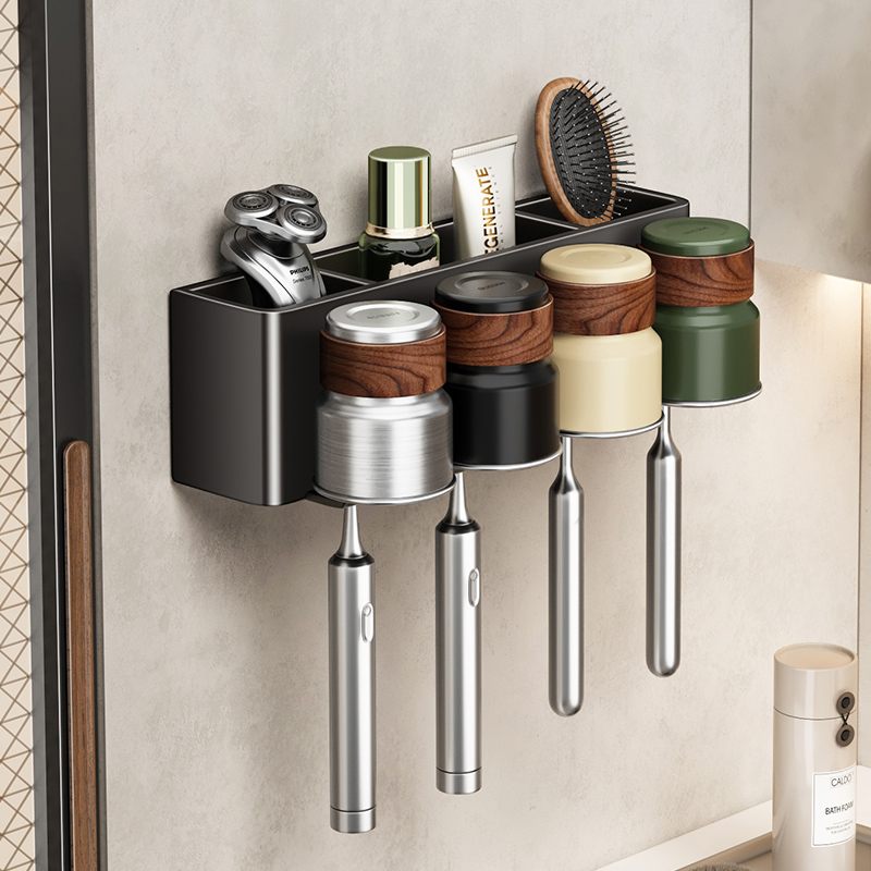 慕家牙刷置物架浴室免打孔不锈钢漱口杯电动牙刷架卫生间中古风