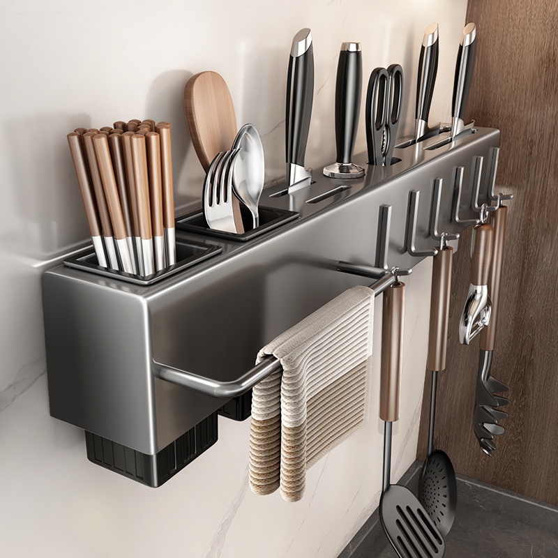 不锈钢厨房刀架用品刀具筷子筒一体置物架菜刀收纳架壁挂式免打孔