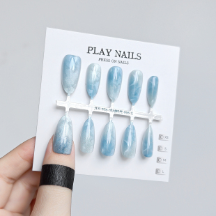 穿戴甲 轻奢海蓝渐冰晕染河时代变中杏仁猫眼全贴片 温柔显白美甲