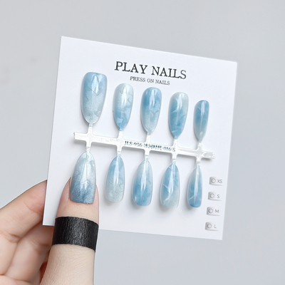 穿戴甲 轻奢海蓝渐冰晕染河时代变中杏仁猫眼全贴片 温柔显白美甲