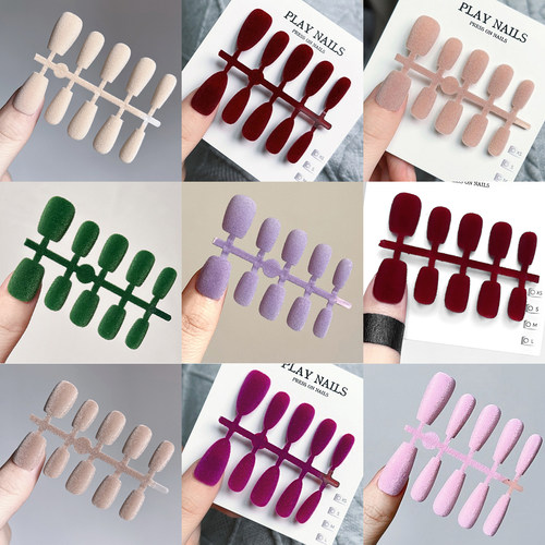 穿戴甲 新款多款秋冬可爱植绒打印 多颜色可拆卸高级成品美甲贴片