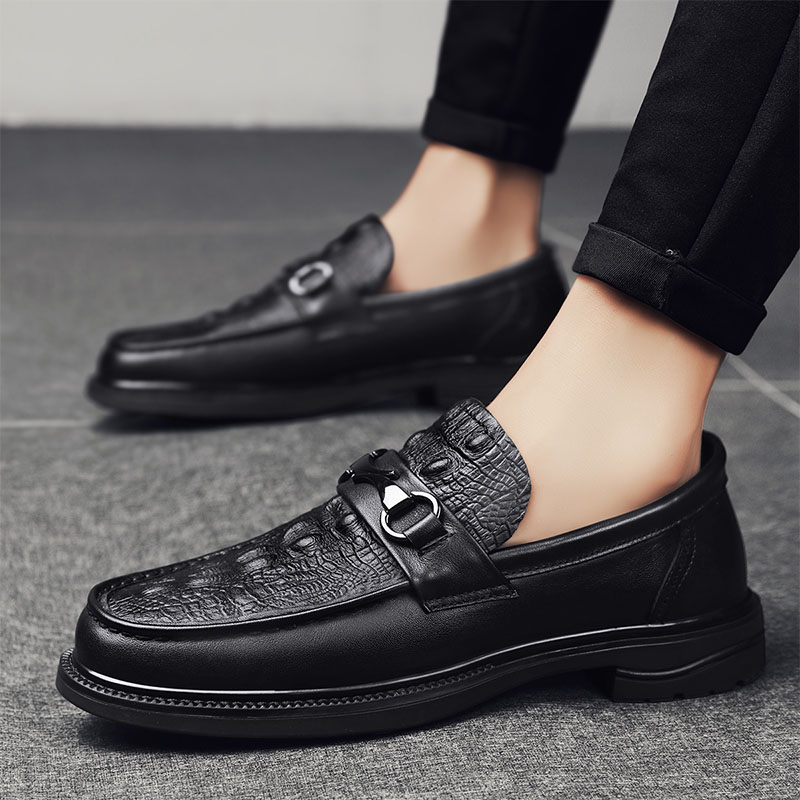 欧洲站新款头层牛皮男鞋高端鳄鱼纹休闲鞋真皮商务小皮鞋黑色潮鞋