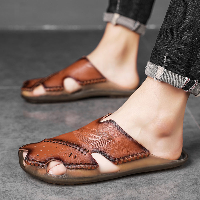 特大码拖鞋男夏季45个性潮凉拖男士真皮46外穿休闲舒适47一字拖48