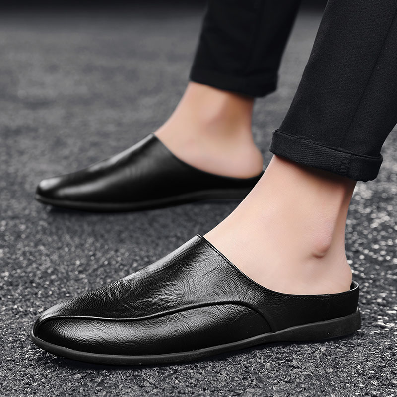 新款半拖鞋男夏季透气豆豆鞋男士无后跟真皮春季懒人鞋韩版凉拖鞋