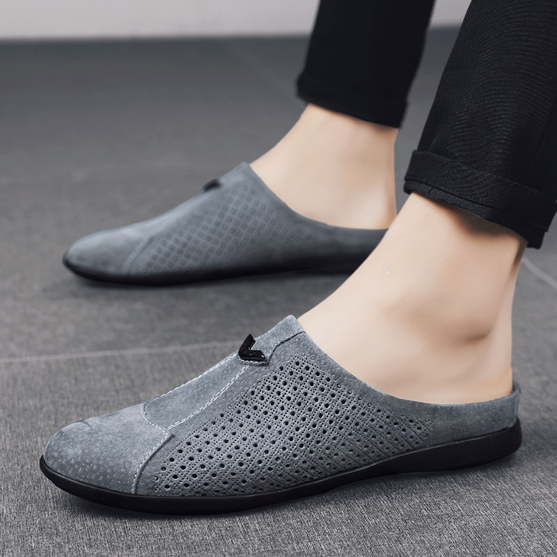 夏季真皮镂空半拖鞋新款透气懒人鞋无后跟豆豆鞋男磨砂皮休闲皮鞋