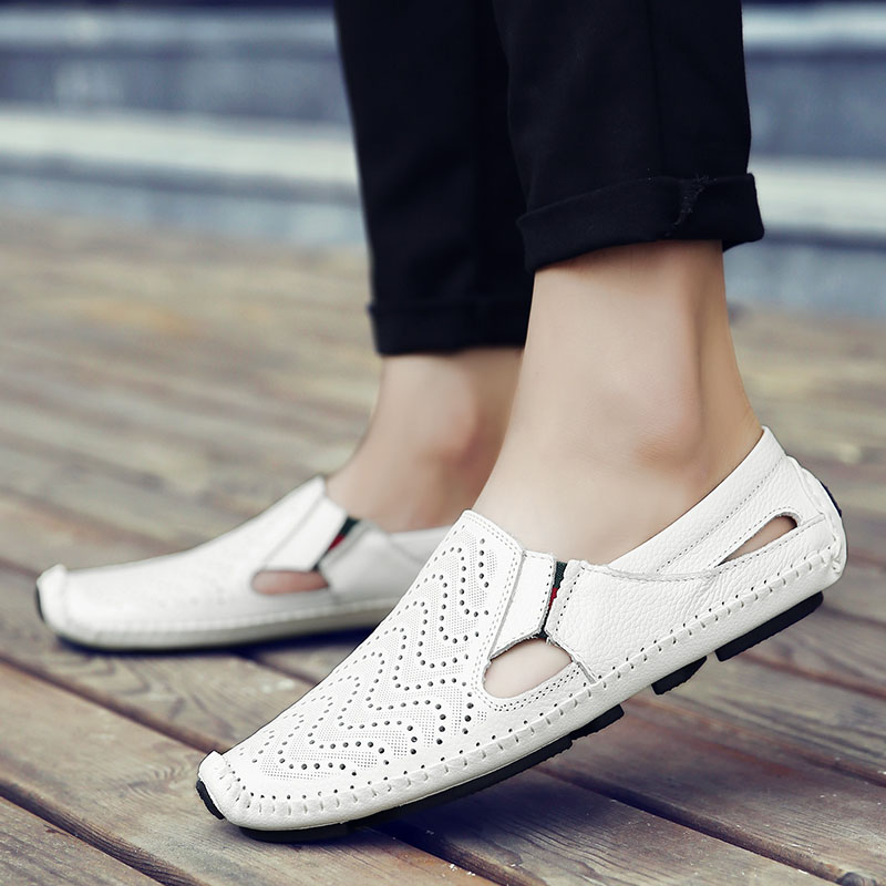 夏季豆豆鞋镂空凉鞋透气真皮男鞋