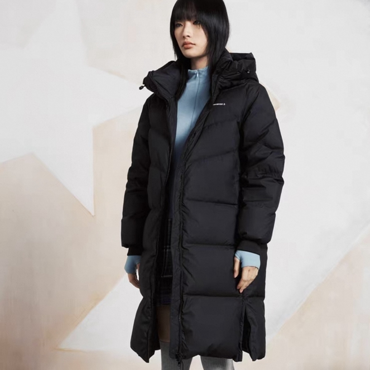 匡威冬季女黑色简约长款羽绒服