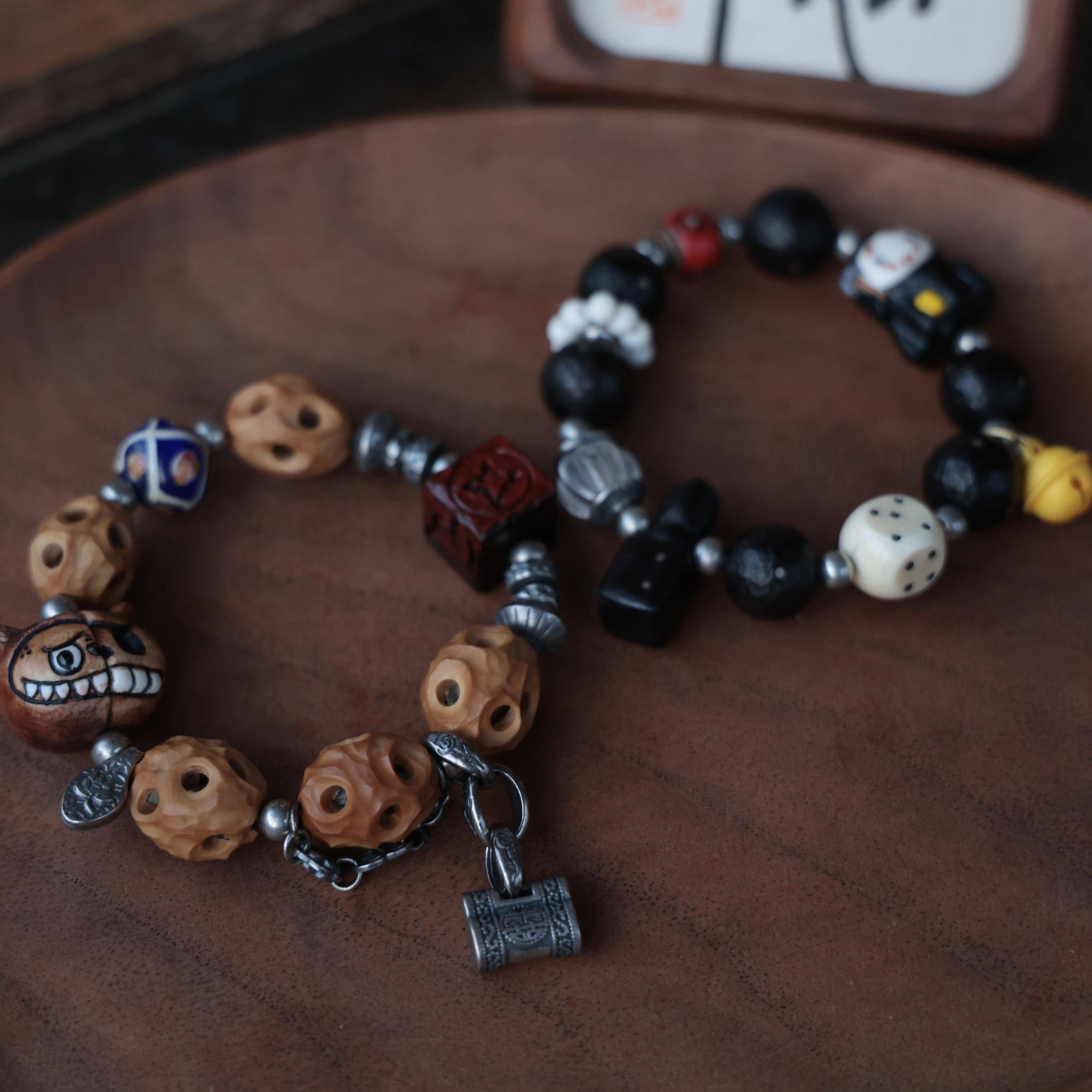 原创手作鹿角根付三七银配饰文玩手串木质手链复古小众男女款饰品