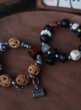 原创手作鹿角根付三七银配饰文玩手串木质手链复古小众男女款饰品