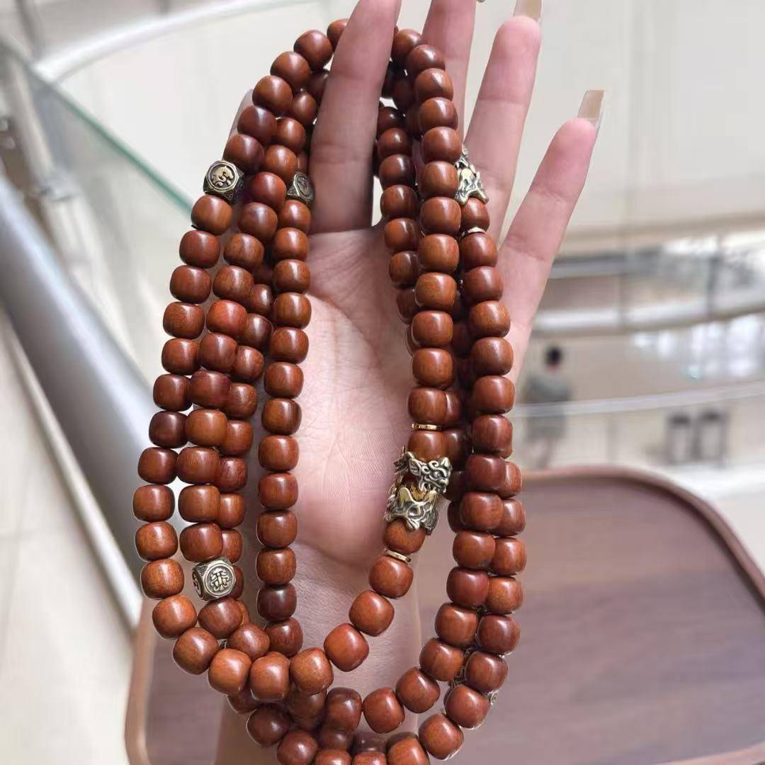 龙虎山雷击木玉化料貔貅招财双圈手串搭配复古黄铜四象神兽T2850