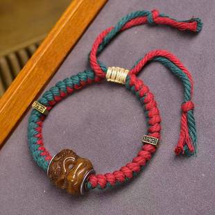 藏传回流骆驼骨雕刻大鹏鸟腰珠配珠文玩手链铜镶嵌孔道编织手绳