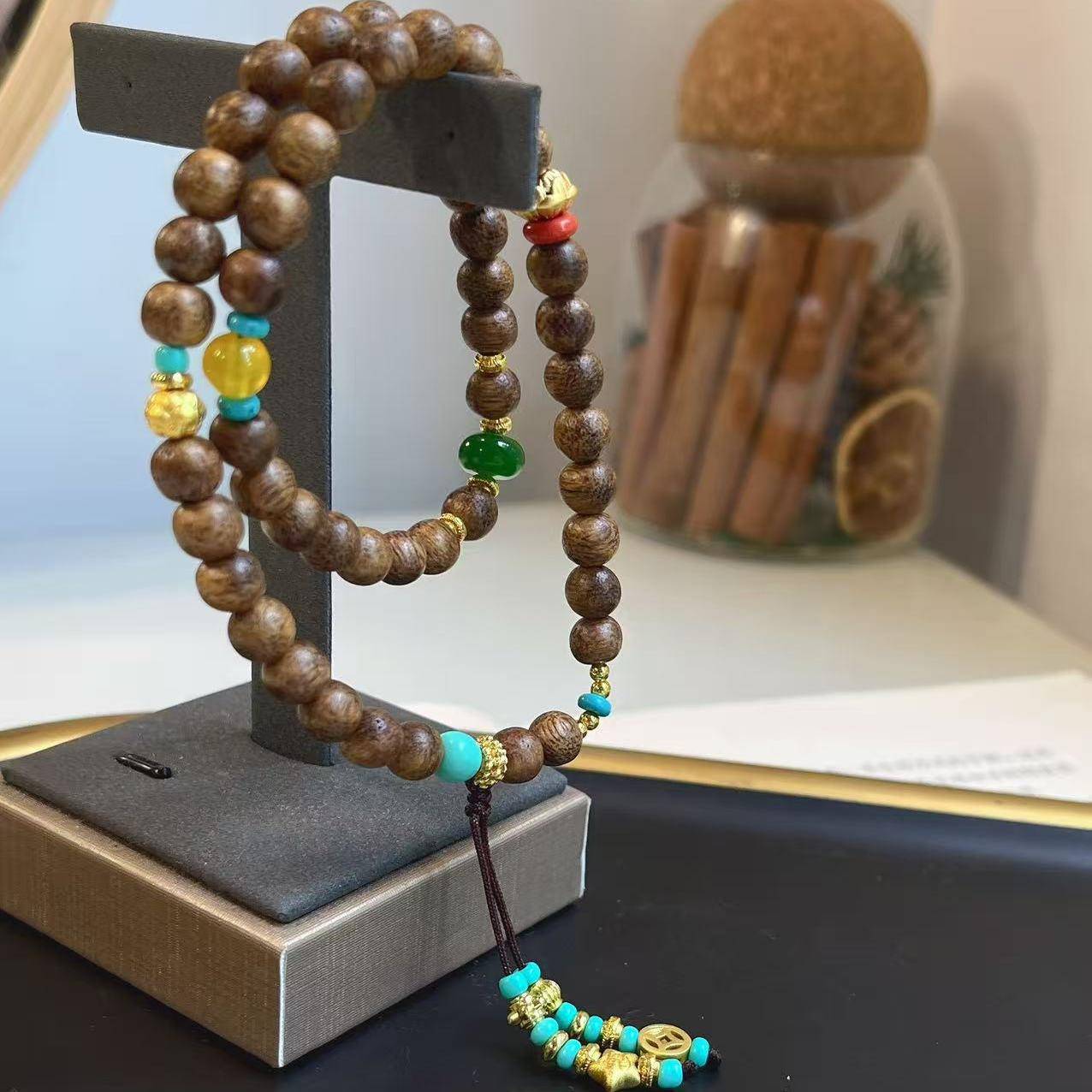 原创沉香双圈手链搭配红玛瑙菱镁矿文玩时尚饰品佛珠手串T2652