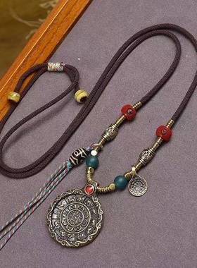 手工编织绳项链可调节老天铁九宫八卦吊坠黄财神嘎乌盒挂坠毛衣链