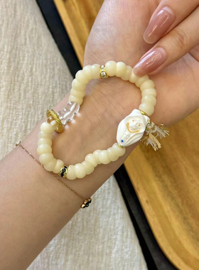 原创牛骨大肠8毫米配天然白水晶大肠纯铜镶钻大肠牛骨法老猫手串