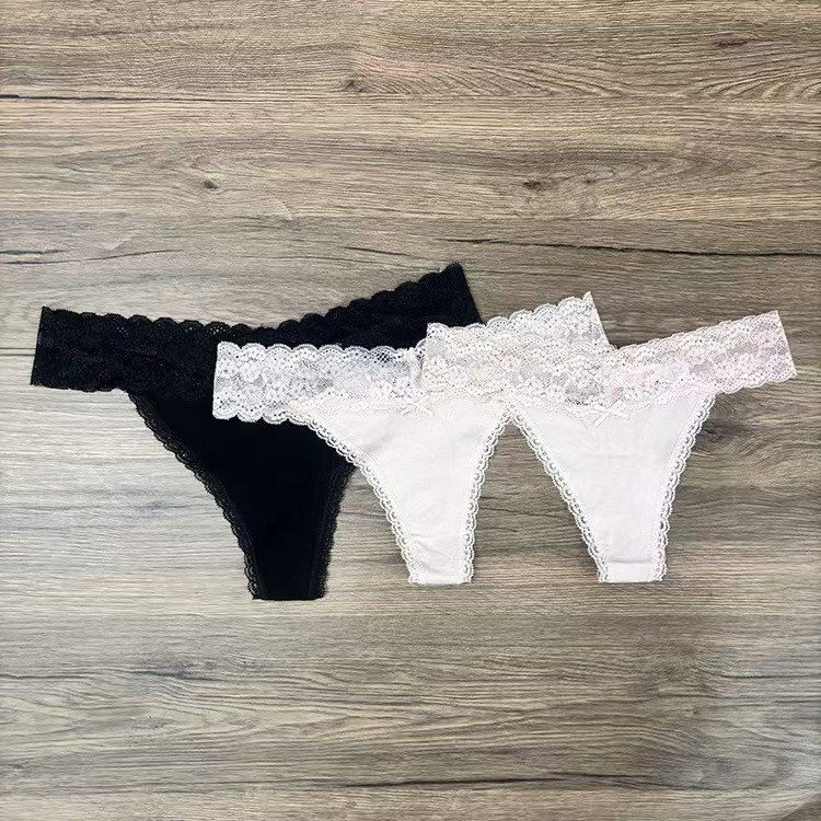 欧美外贸单纯棉蕾丝花边女丁字裤女士低腰纯色T字裤女性感内裤