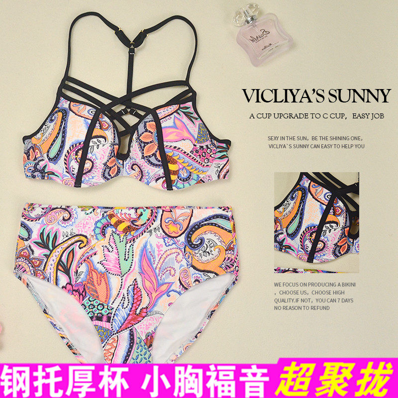 2018新款欧美双肩带性感比基尼泳衣女大小胸钢圈聚拢三角保守温泉