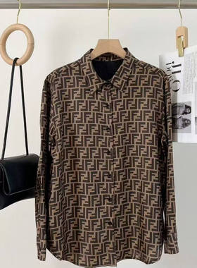 F字母真丝衬衫重磅真丝斜纹绸 长桑蚕丝衬衣宽松女士休闲上衣气质