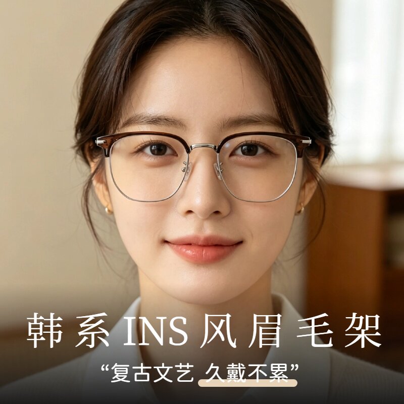 复古木纹半框防蓝光眼镜男痞帅可配有度数大框平光眼睛镜架 31135