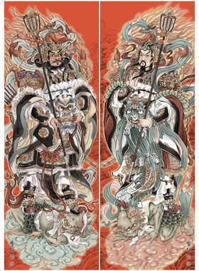云中工作室第六版画组门神神荼郁垒宣纸本雕仙作品国画工笔收藏