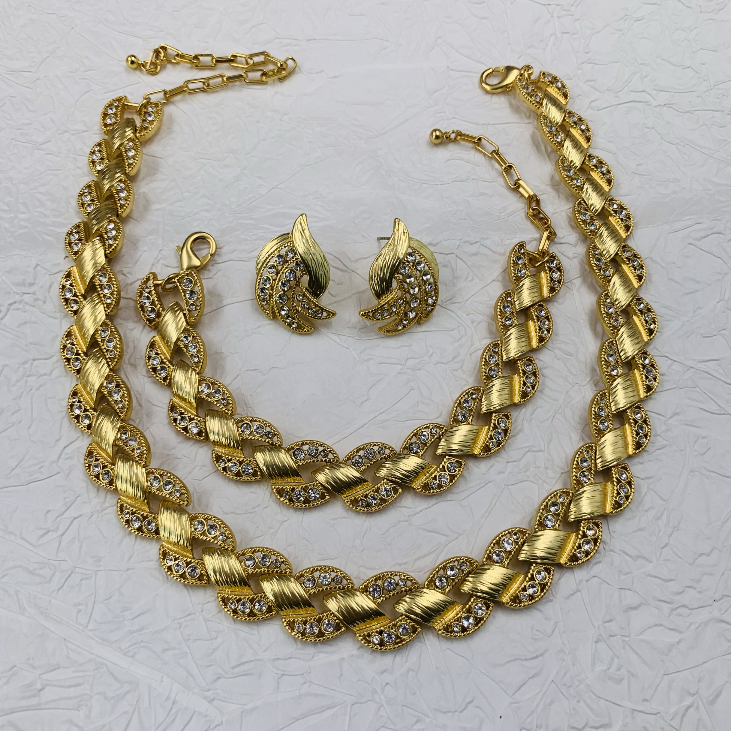 欧美宫廷风中古vintage复古气质编织闪钻金属耳环手链短款项链女