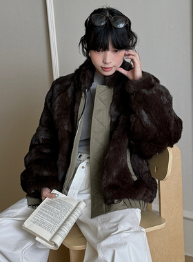 VIVIDINI 两面穿兔毛皮草派克服外套